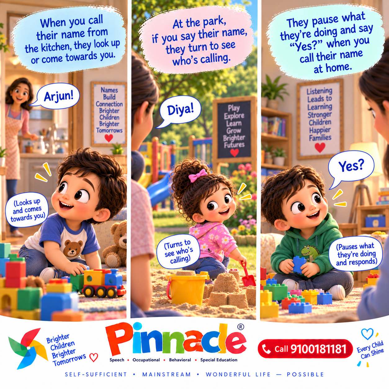 Example illustration accompanying: Does the child respond to their name? Observe when the child’s name is called multiple times in various contexts (play, mealtime).