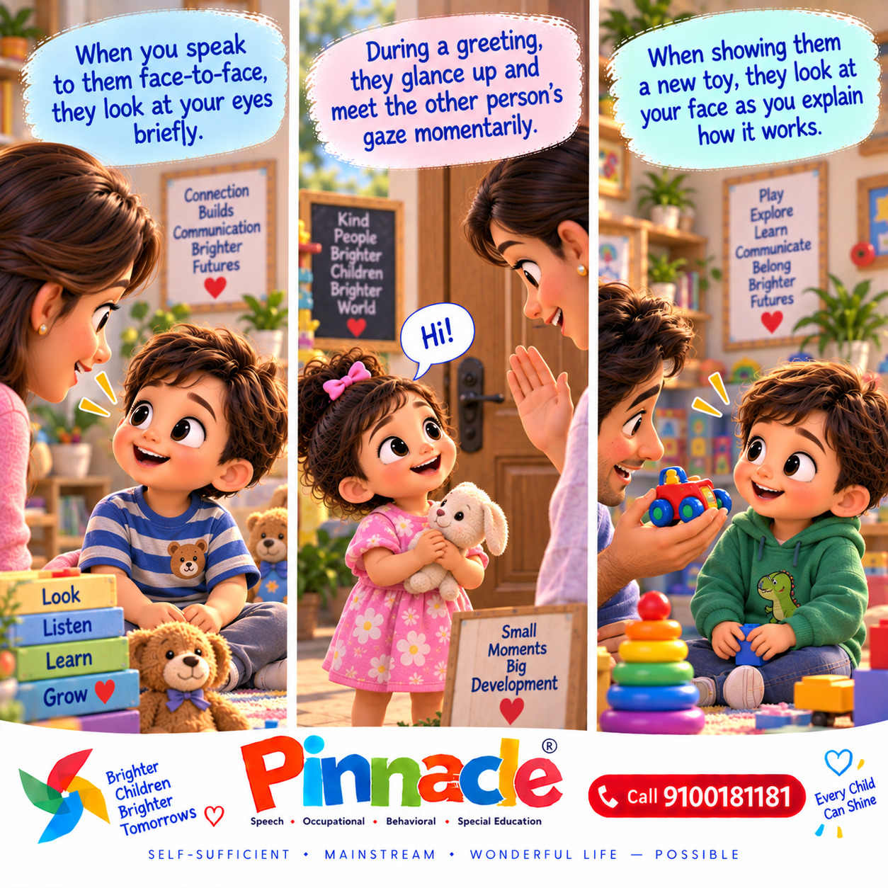 Example illustration accompanying: Can the child make eye contact during interactions? Look for consistent, brief, or fleeting eye contact when addressing the child.