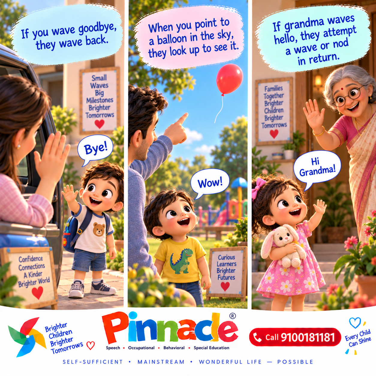 Example illustration accompanying: Does the child respond to gestures like waving or pointing? Use gestures such as waving goodbye or pointing to objects to observe responses.