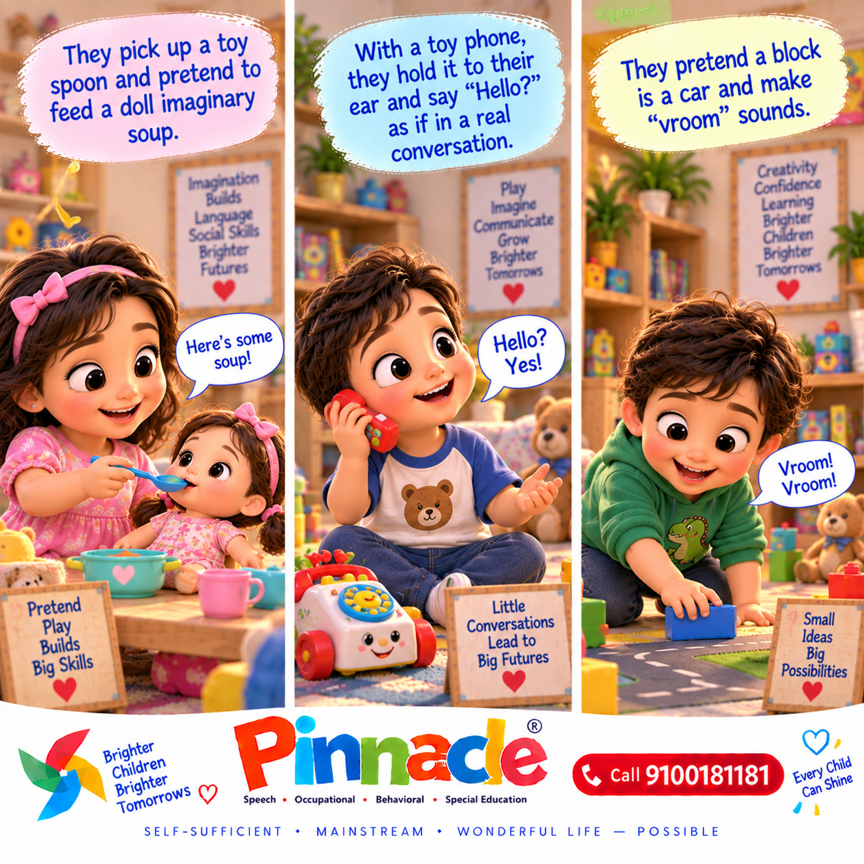 Example illustration accompanying: Does the child engage in simple pretend play (e.g., pretending to feed a doll)? Provide toys like a doll, pretend food, or a toy phone to assess imaginative behavior.