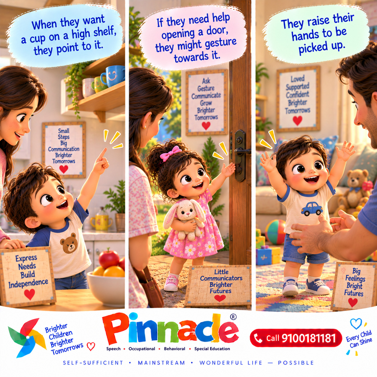 Example illustration accompanying: Can the child use gestures, such as pointing, to indicate needs? Observe gestures like pointing, nodding, or raising hands to indicate requests.
