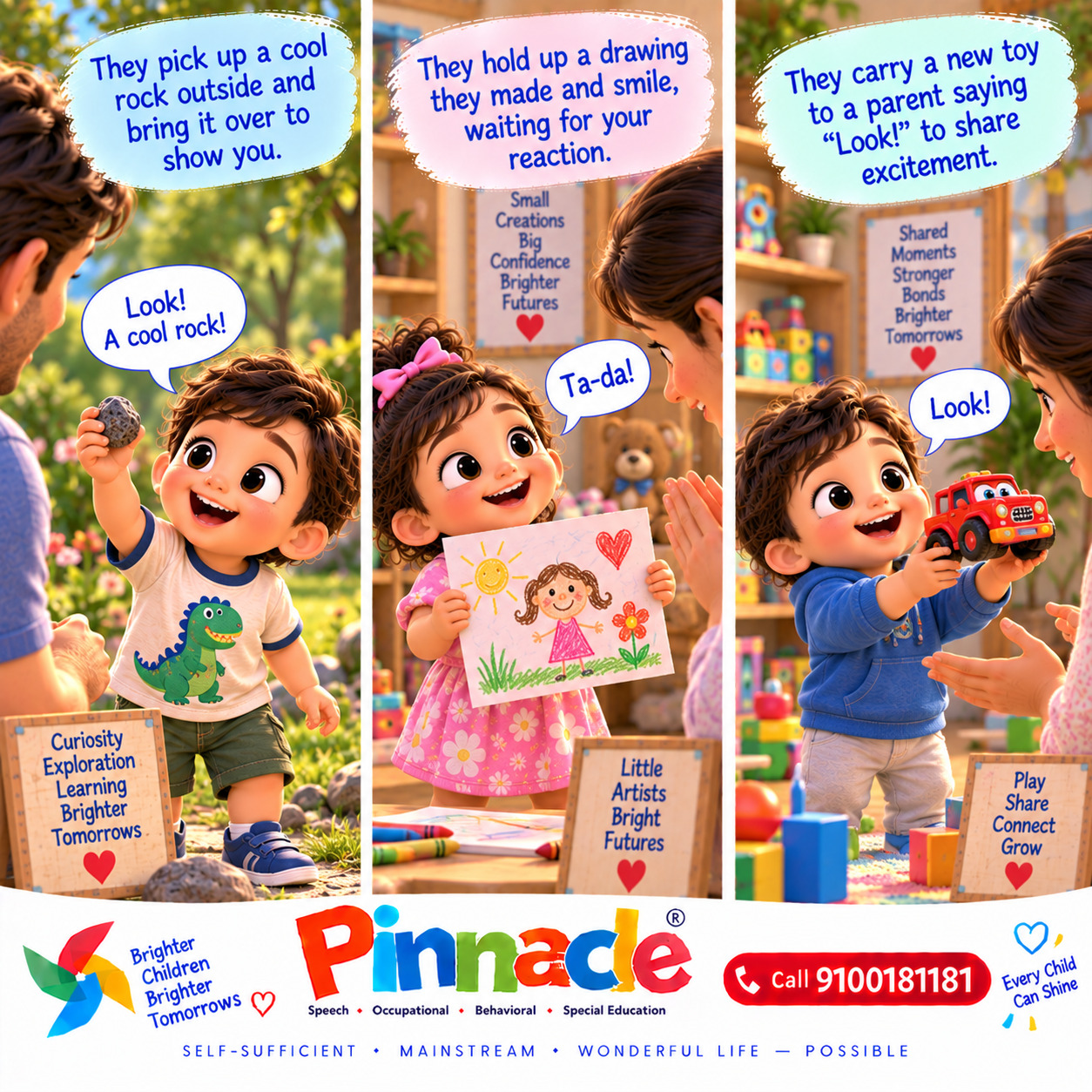 Example illustration accompanying: Does the child share enjoyment by showing objects to others? Observe if the child brings an object (toy, book) to share or show interest.