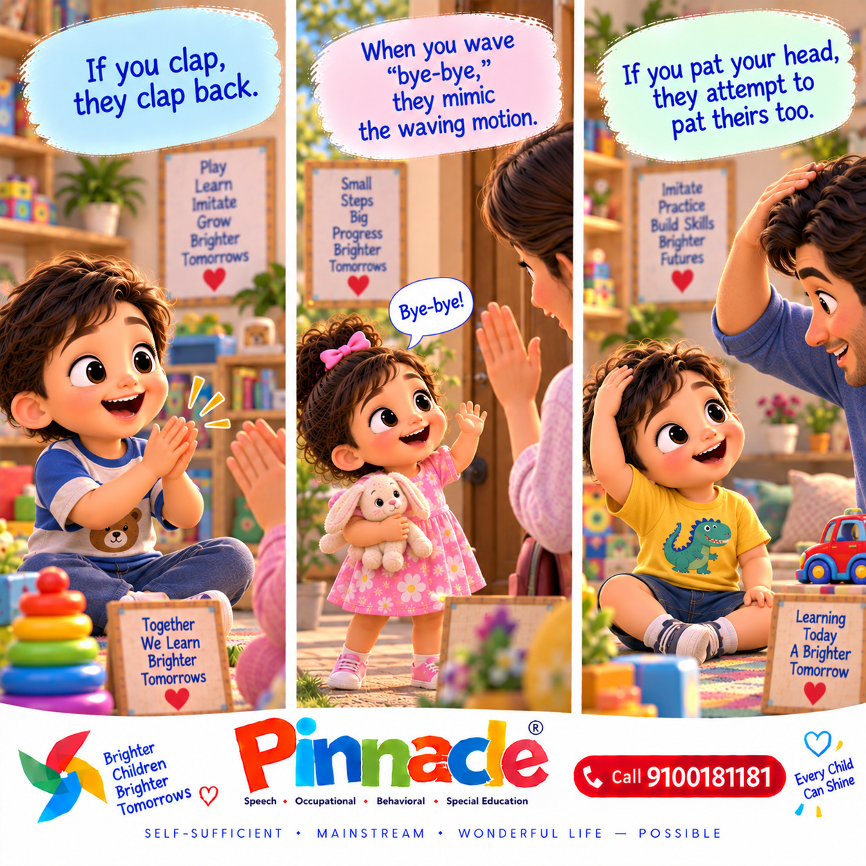 Example illustration accompanying: Can the child imitate simple actions, like clapping or waving? Perform simple actions and encourage the child to imitate, like clapping or waving.