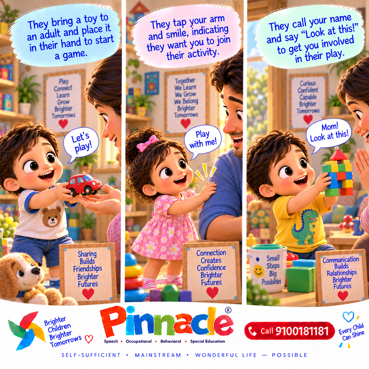 Example illustration accompanying: Does the child initiate play or interaction with adults? Observe spontaneous play invitations, like handing you a toy or tapping your hand.