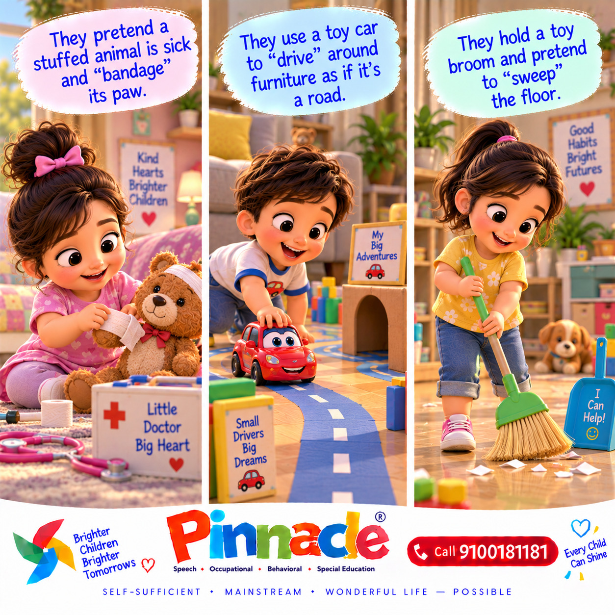 Example illustration accompanying: Can the child engage in imaginative play (e.g., feeding a doll)? Provide objects for pretend play and observe symbolic actions.