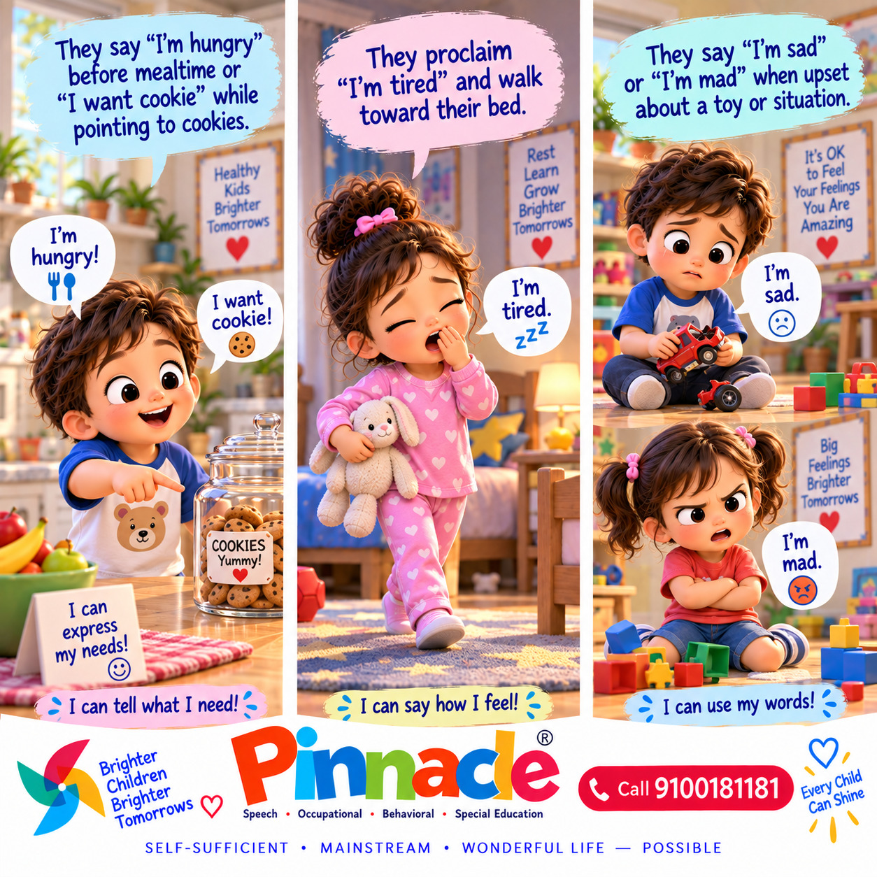 Example illustration accompanying: Does the child use words to express feelings or desires? Observe if the child says phrases like “I’m happy,” “I’m hungry,” or “I want toy.”