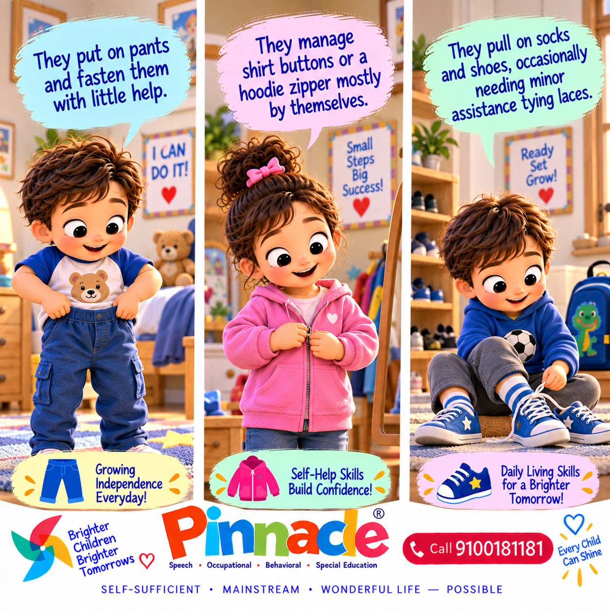 Example illustration accompanying: Can the child dress independently (including buttons/zippers)?