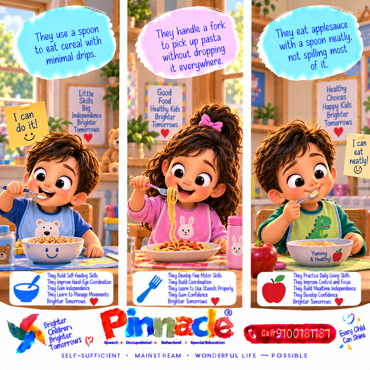 Example illustration accompanying: Feeding: Can the child eat with utensils (spoon, fork) without spilling?