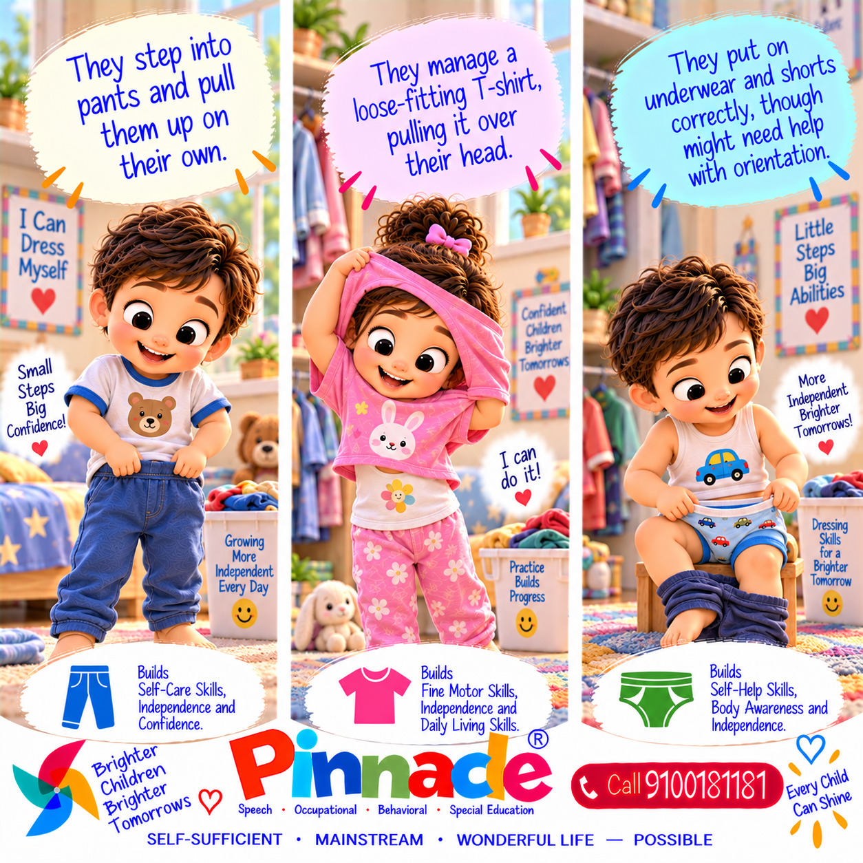 Example illustration accompanying: Dressing: Can the child put on simple clothing items (e.g., shirt, pants) independently?