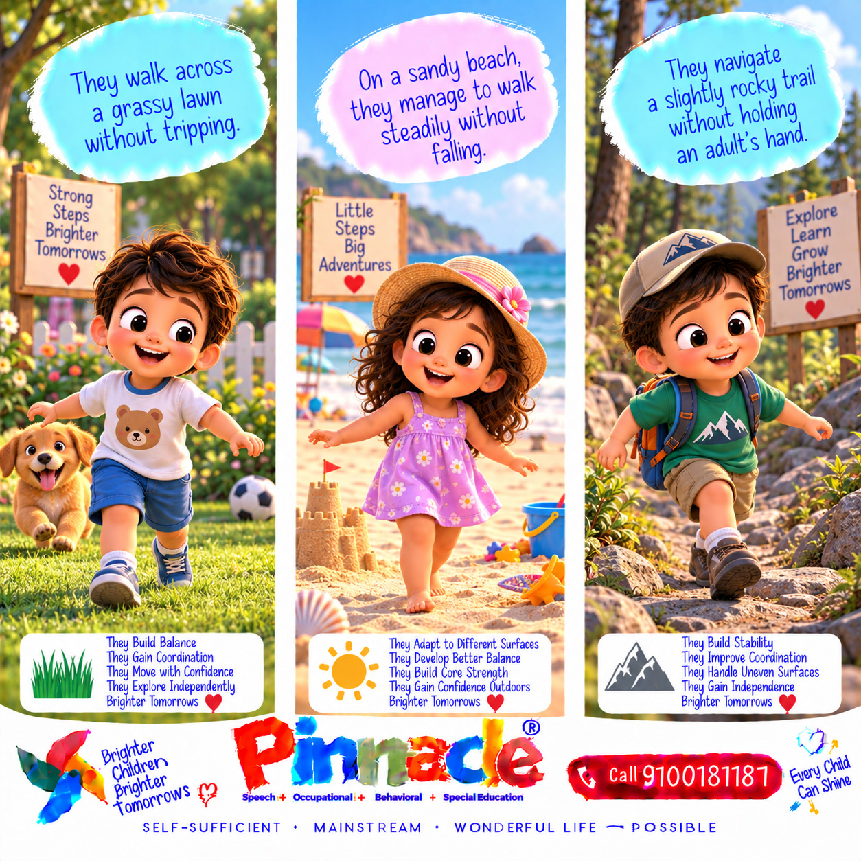 Example illustration accompanying: Walking: Can the child walk unassisted on uneven surfaces (e.g., grass, sand)?