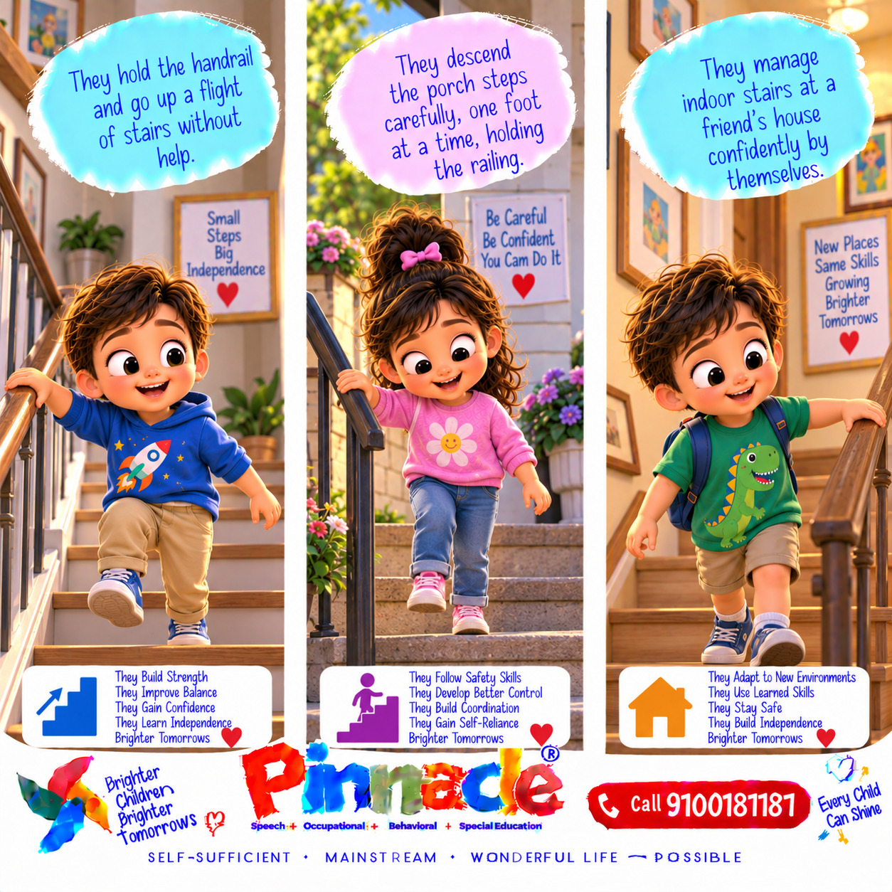 Example illustration accompanying: Stairs: Can the child climb up and down stairs independently while holding a railing?