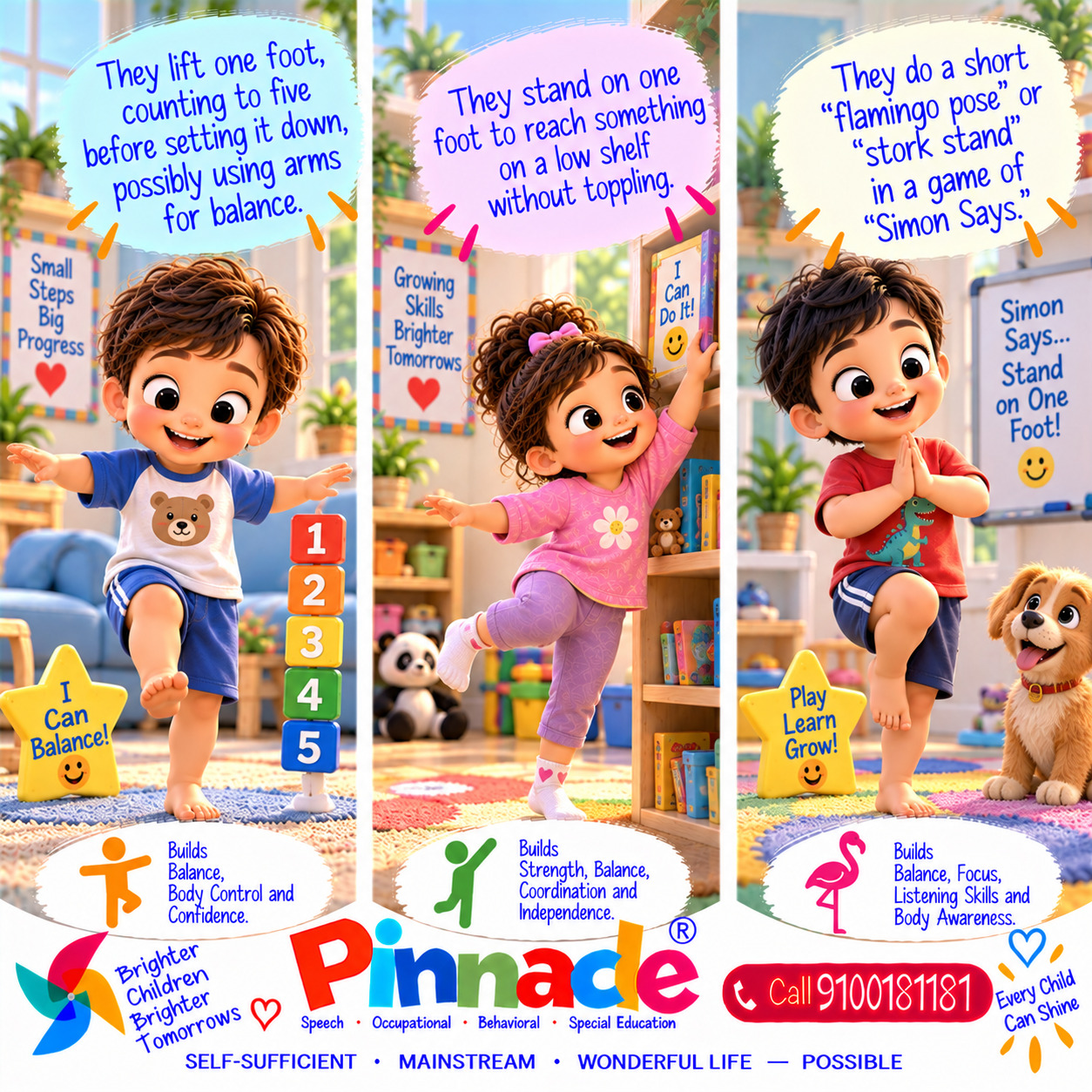 Example illustration accompanying: Balance: Can the child stand on one foot for at least 5 seconds?