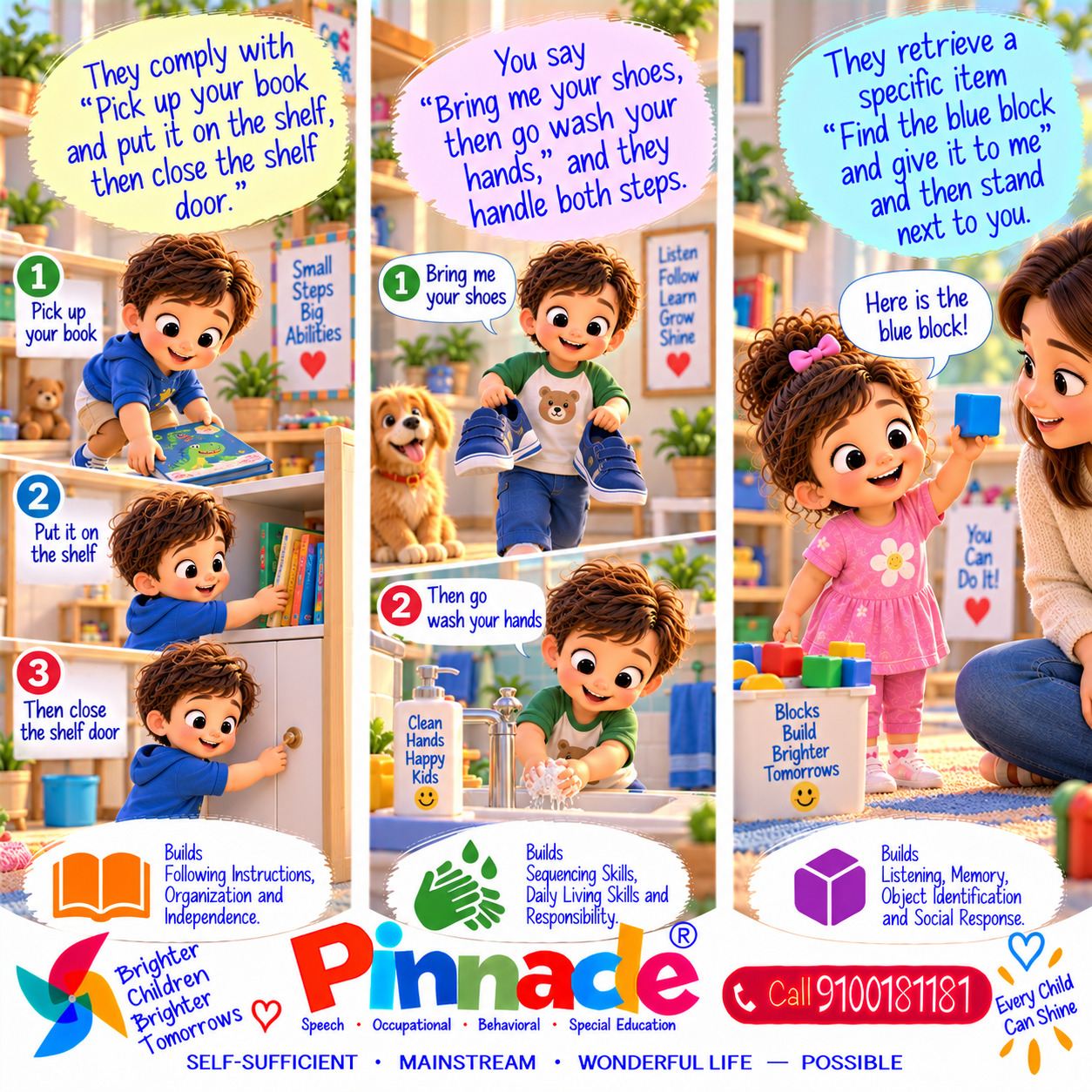 Example illustration accompanying: Following Directions: Can the child follow multi-step directions (e.g., “Put the toy in the box, then come here”)?