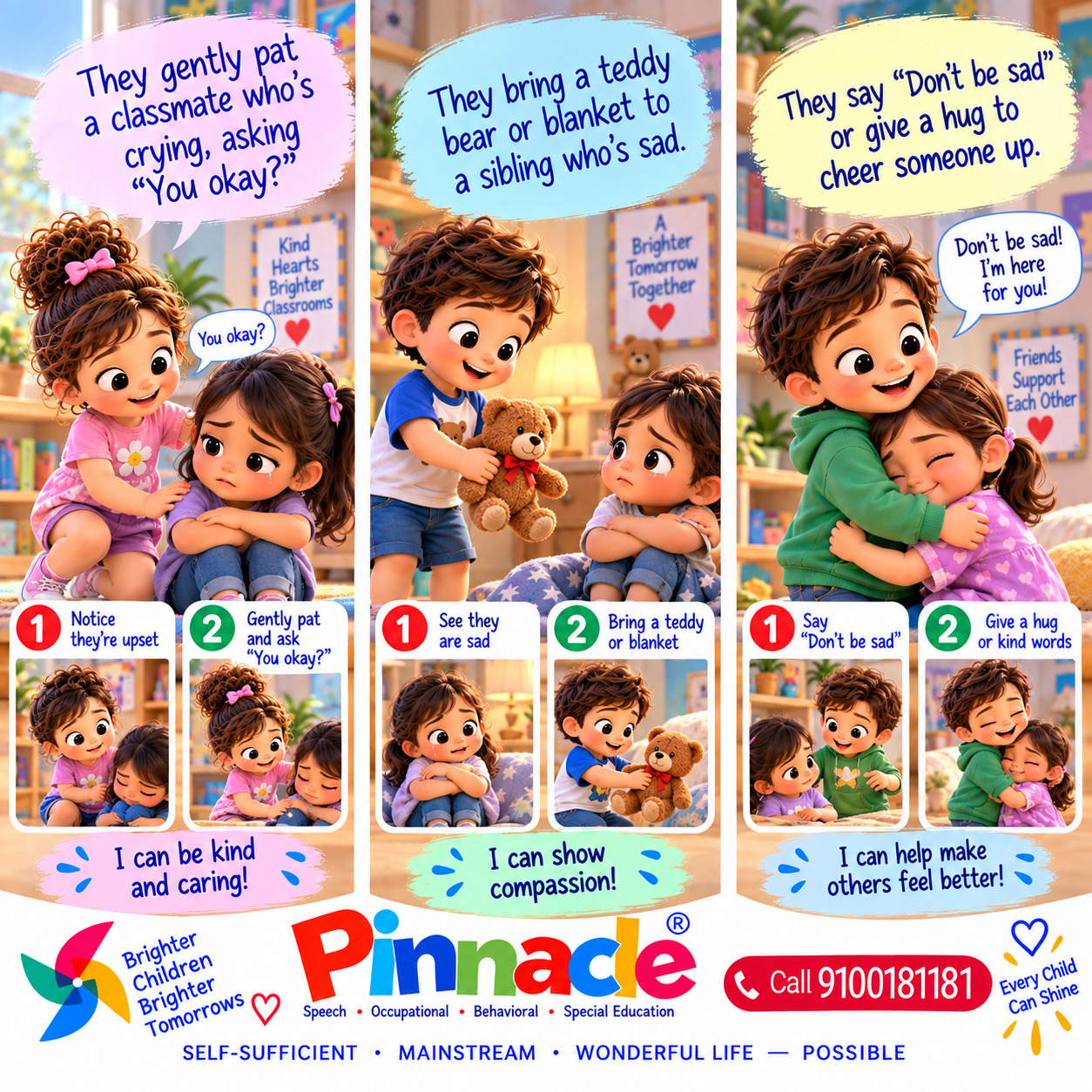 Example illustration accompanying: Empathy: Does the child show concern or comfort others when they are upset?