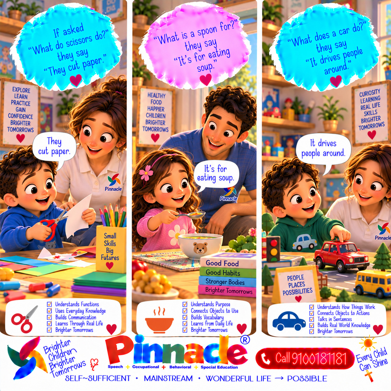 Example illustration accompanying: Can the child explain the function of familiar objects (e.g., 'What do scissors do?')?