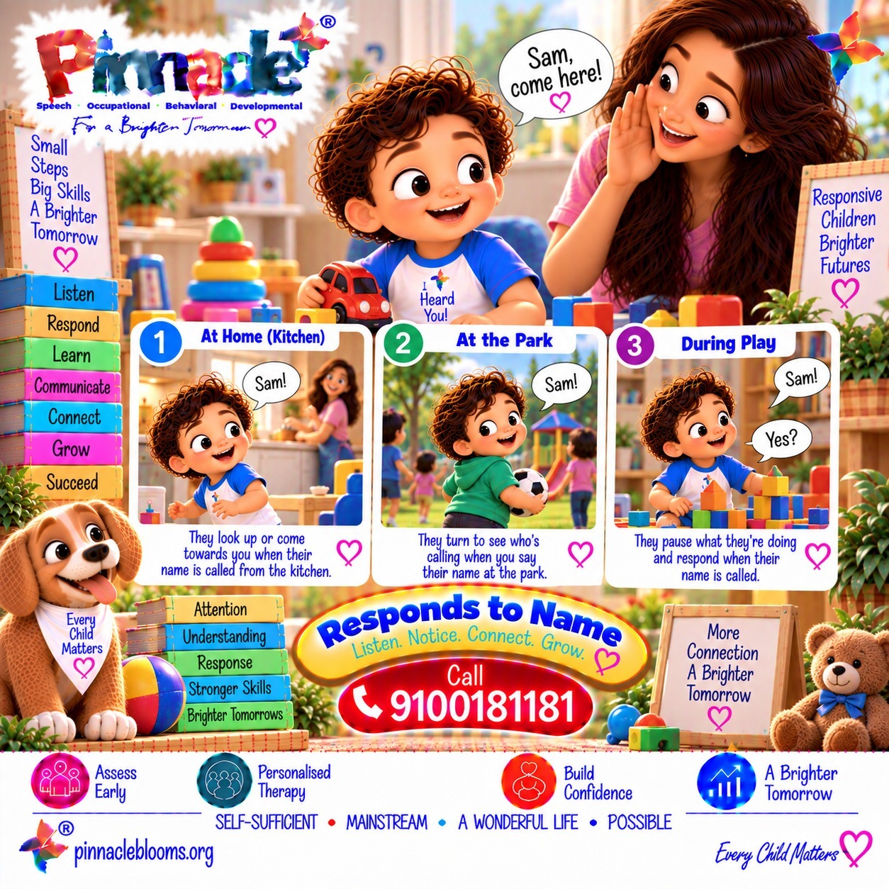Question illustration accompanying: Does the child respond to their name? Observe when the child’s name is called multiple times in various contexts (play, mealtime).