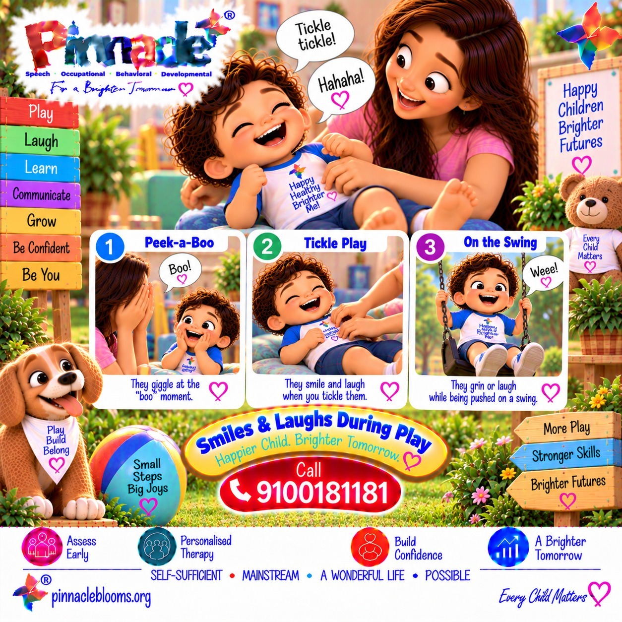 Question illustration accompanying: Does the child smile or laugh during play? Engage the child in playful activities (peek-a-boo, tickling) to elicit responses.