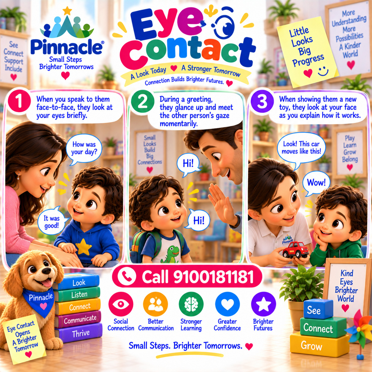 Question illustration accompanying: Does the child respond to gestures like waving or pointing? Use gestures such as waving goodbye or pointing to objects to observe responses.