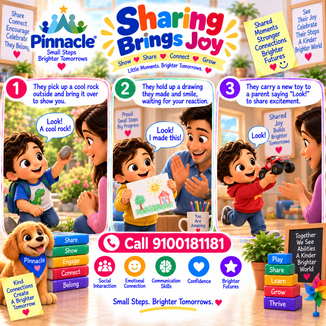 Question illustration accompanying: Does the child share enjoyment by showing objects to others? Observe if the child brings an object (toy, book) to share or show interest.