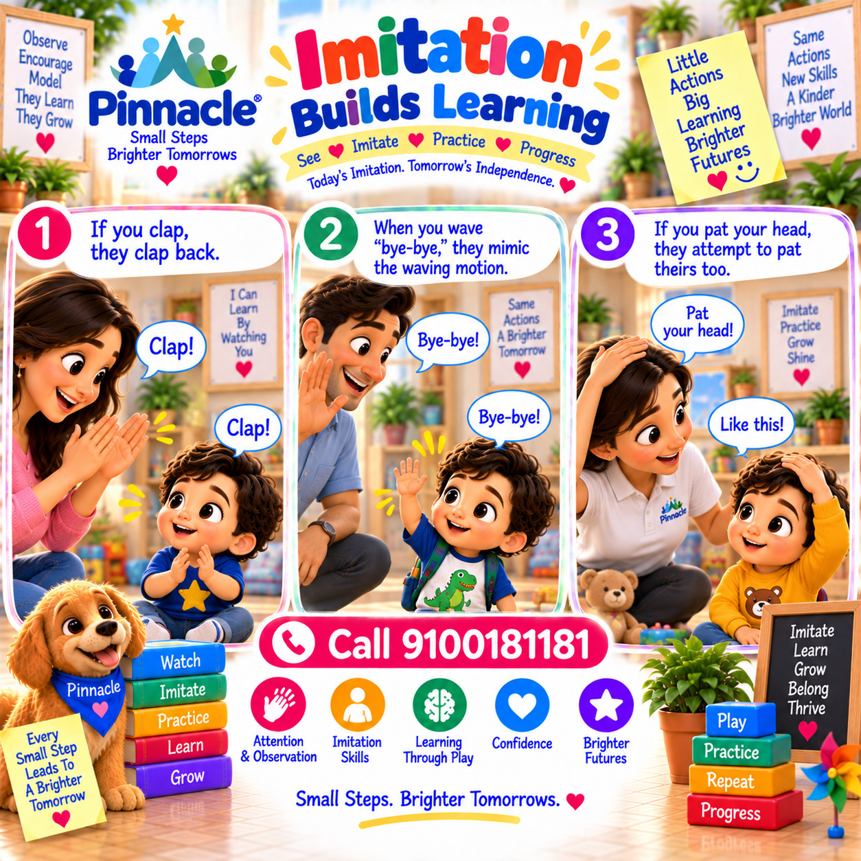 Question illustration accompanying: Can the child imitate simple actions, like clapping or waving? Perform simple actions and encourage the child to imitate, like clapping or waving.