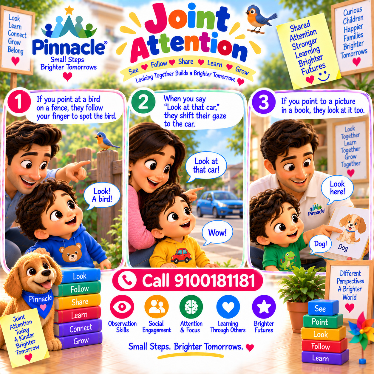 Question illustration accompanying: Does the child engage in joint attention (e.g., looking where you point)? Point to objects or people and observe if the child follows your gaze or gesture.