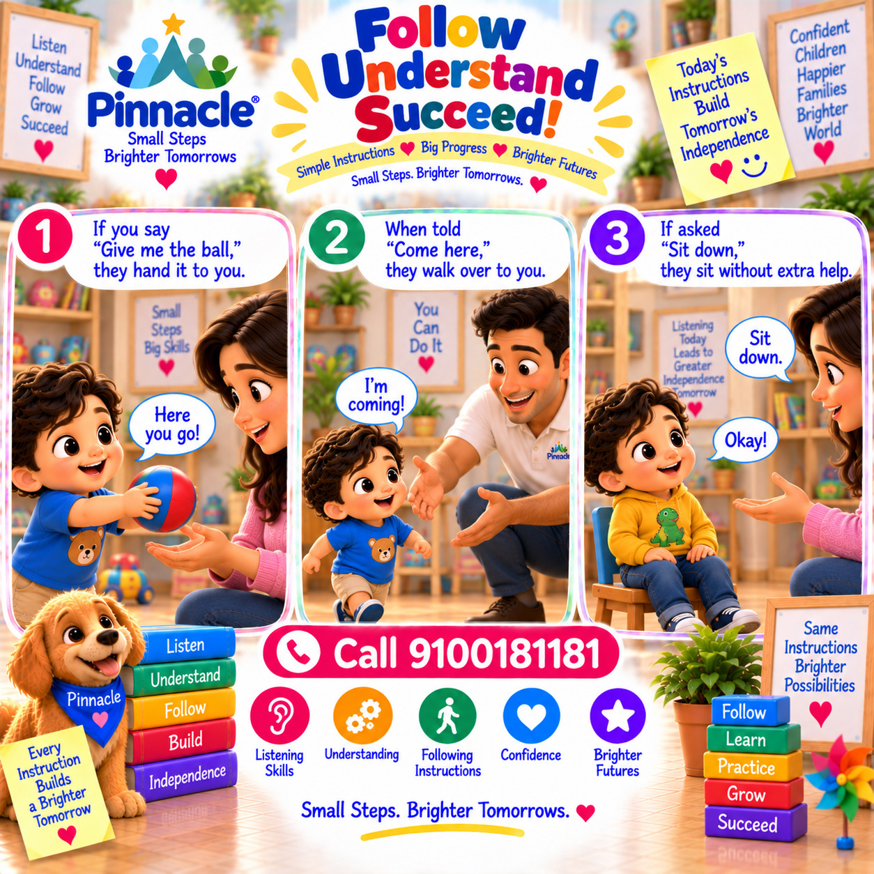 Question illustration accompanying: Can the child follow simple one-step instructions? Use instructions like “Give me the toy” or “Come here” to assess comprehension.