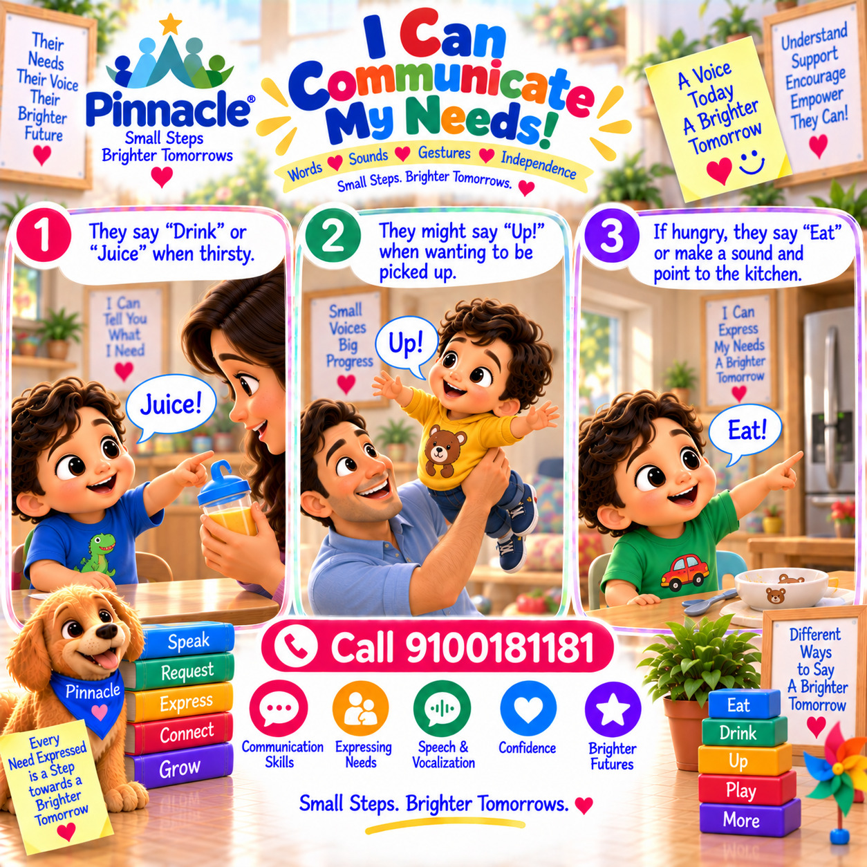 Question illustration accompanying: Does the child use words or sounds to communicate needs? Look for vocalizations, single words, or sounds used to request objects or attention.