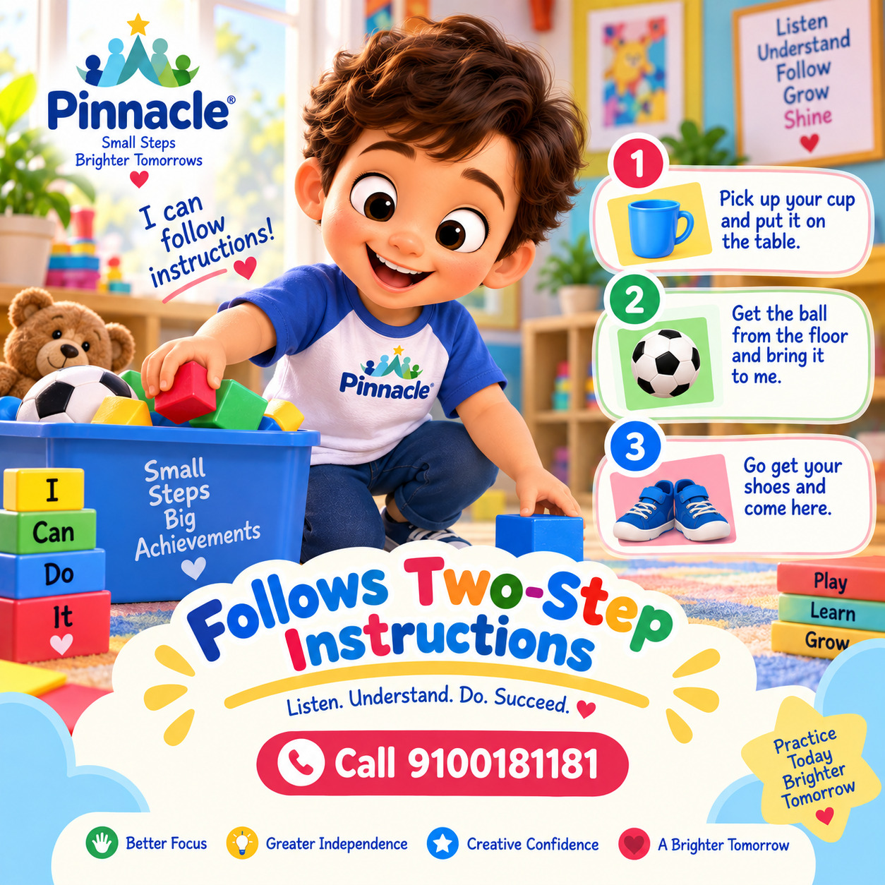 Question illustration accompanying: Can the child follow two-step instructions? Use two-step commands like “Pick up the toy and give it to me.”