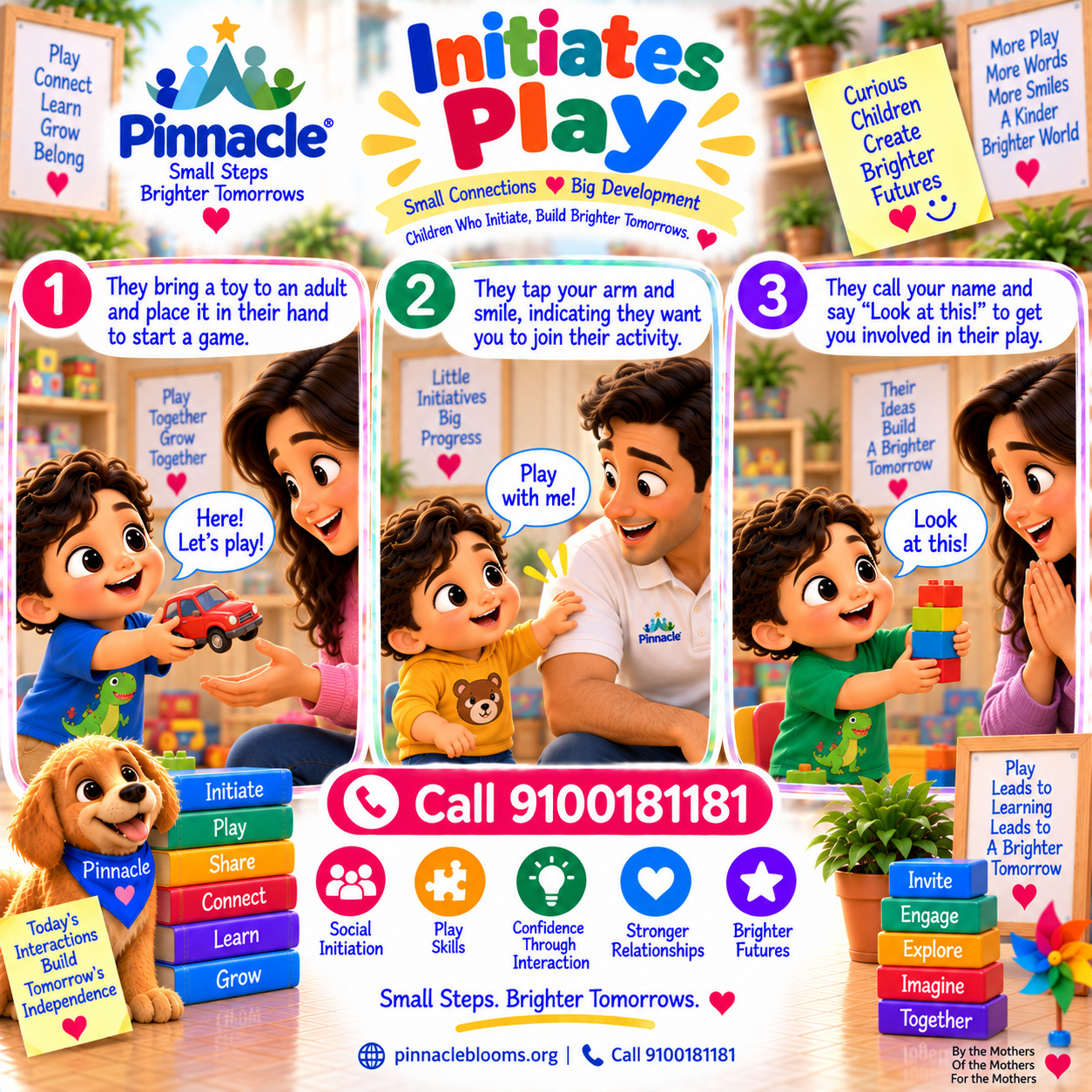 Question illustration accompanying: Does the child initiate play or interaction with adults? Observe spontaneous play invitations, like handing you a toy or tapping your hand.