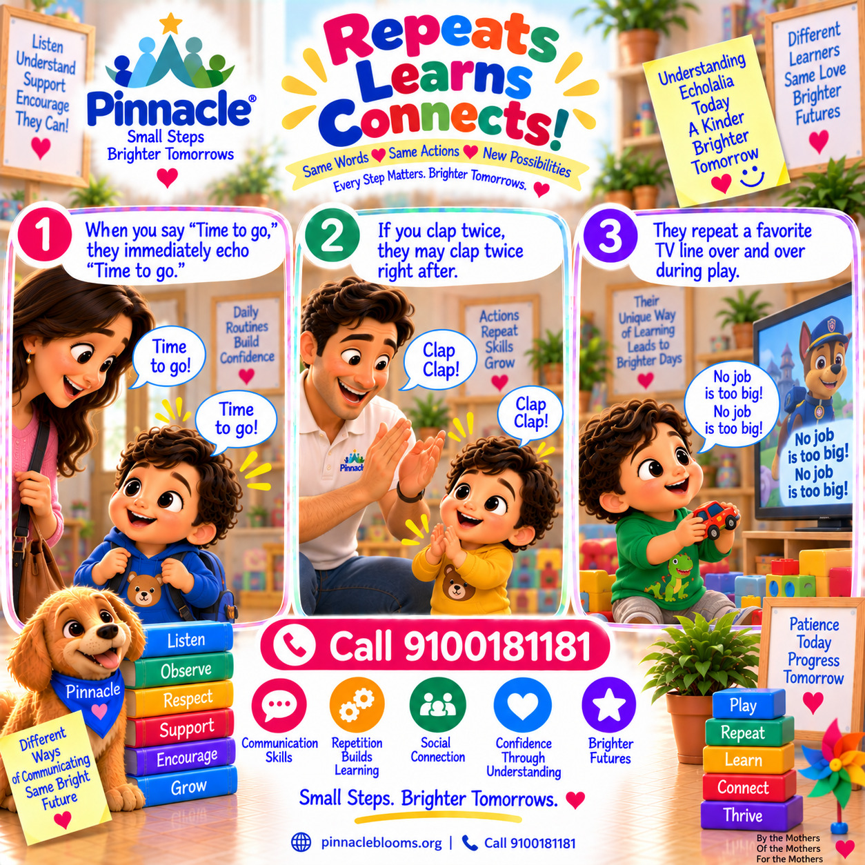 Question illustration accompanying: Does the child repeat phrases or actions (e.g., echolalia)? Listen for repeated words, phrases, or gestures during conversation or play.