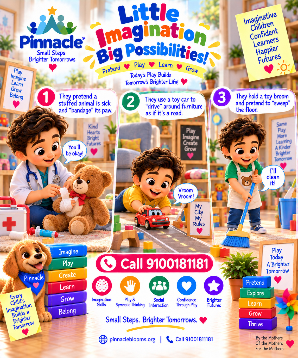 Question illustration accompanying: Can the child engage in imaginative play (e.g., feeding a doll)? Provide objects for pretend play and observe symbolic actions.