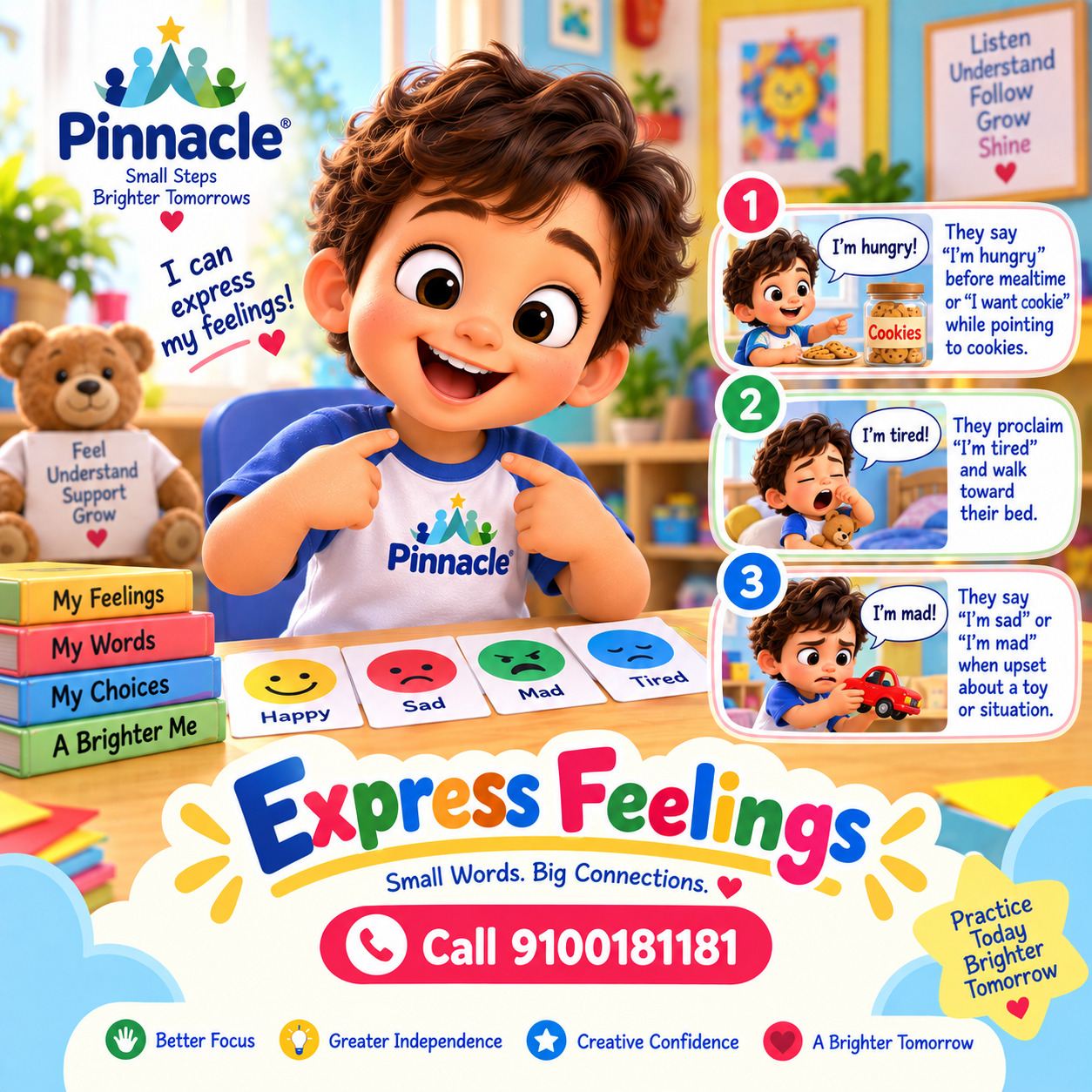 Question illustration accompanying: Does the child use words to express feelings or desires? Observe if the child says phrases like “I’m happy,” “I’m hungry,” or “I want toy.”