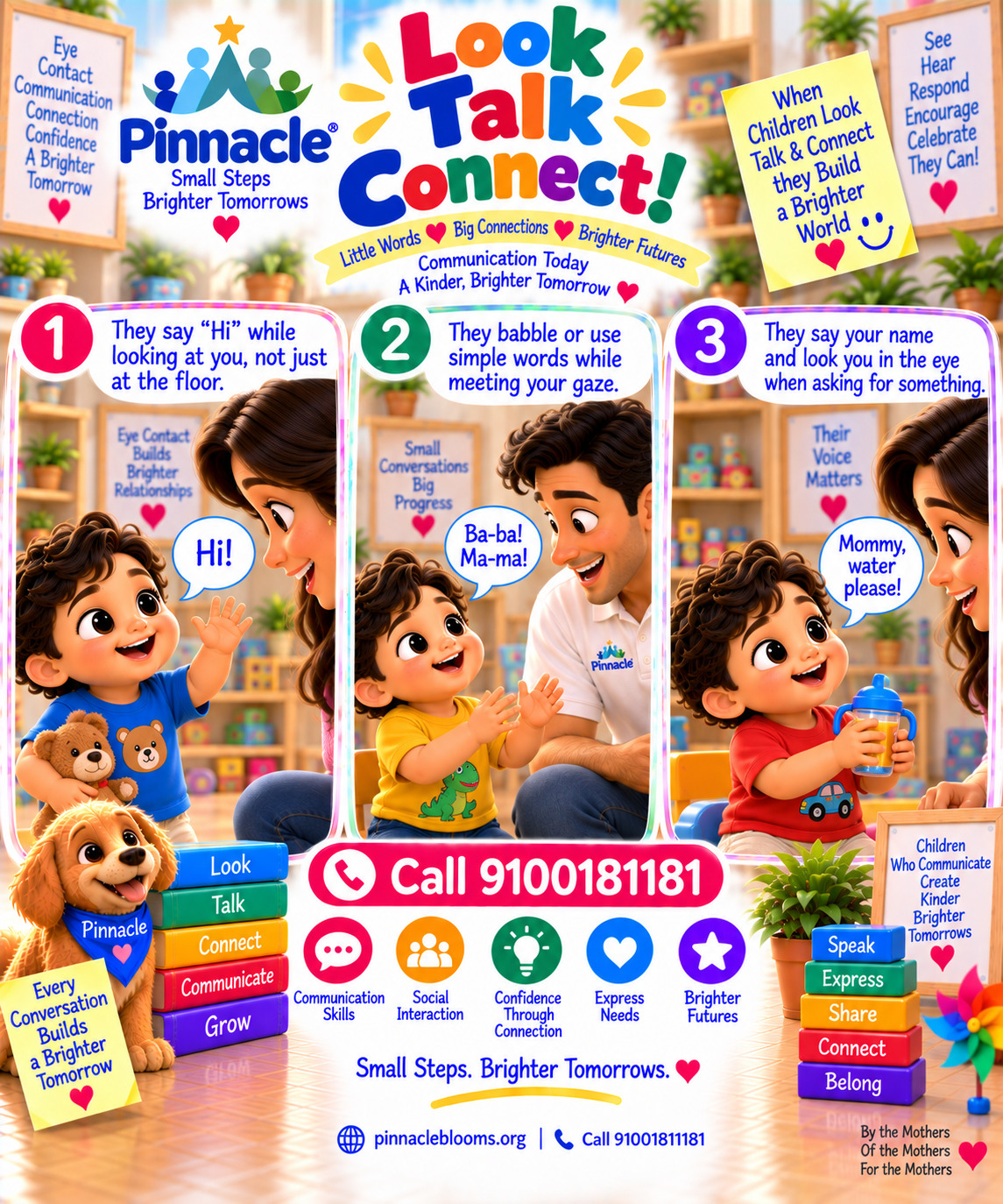 Question illustration accompanying: Does the child make sounds or words while looking at others? Look for verbal or vocal interaction while maintaining eye contact or shared focus.