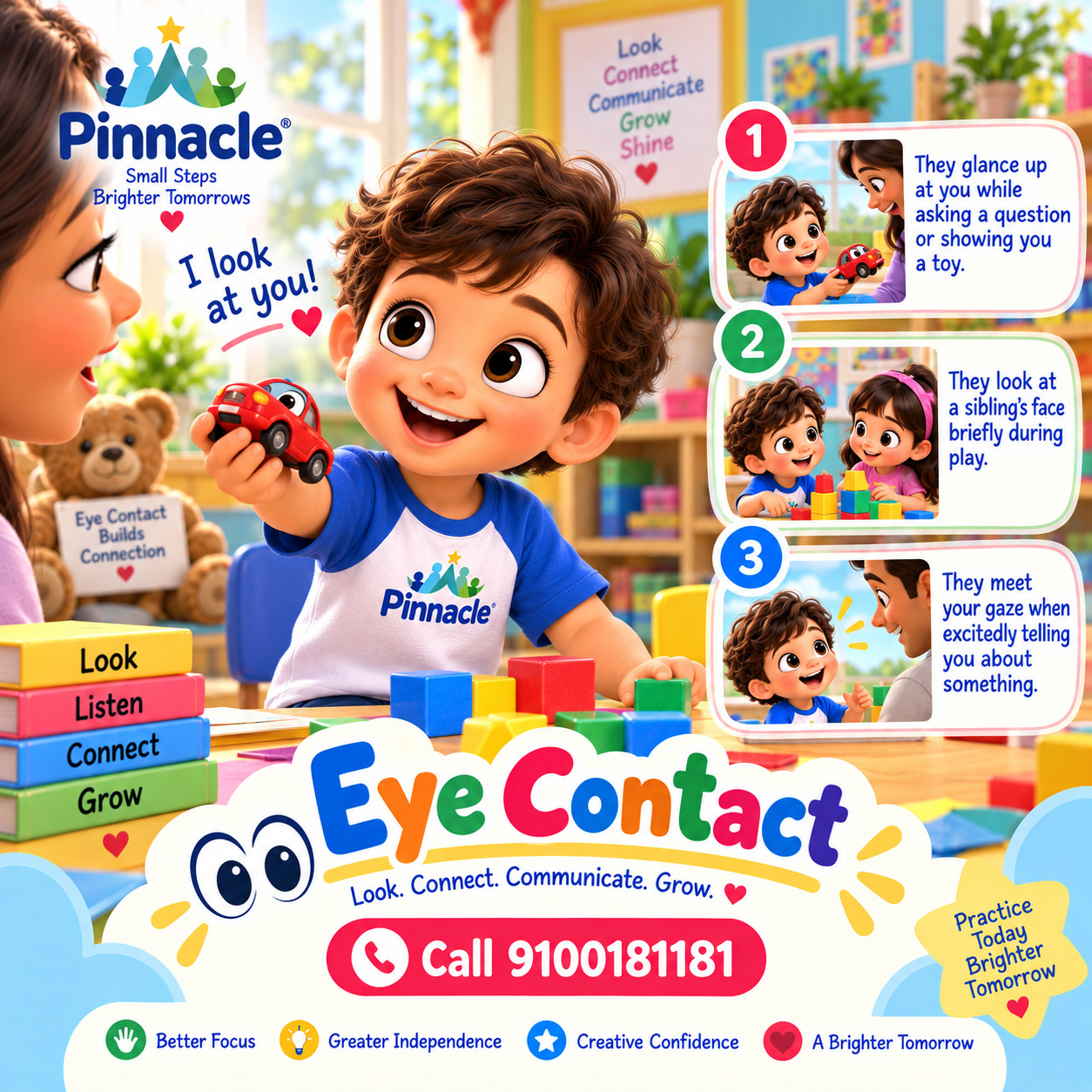 Question illustration accompanying: Does the child make eye contact while speaking or playing?