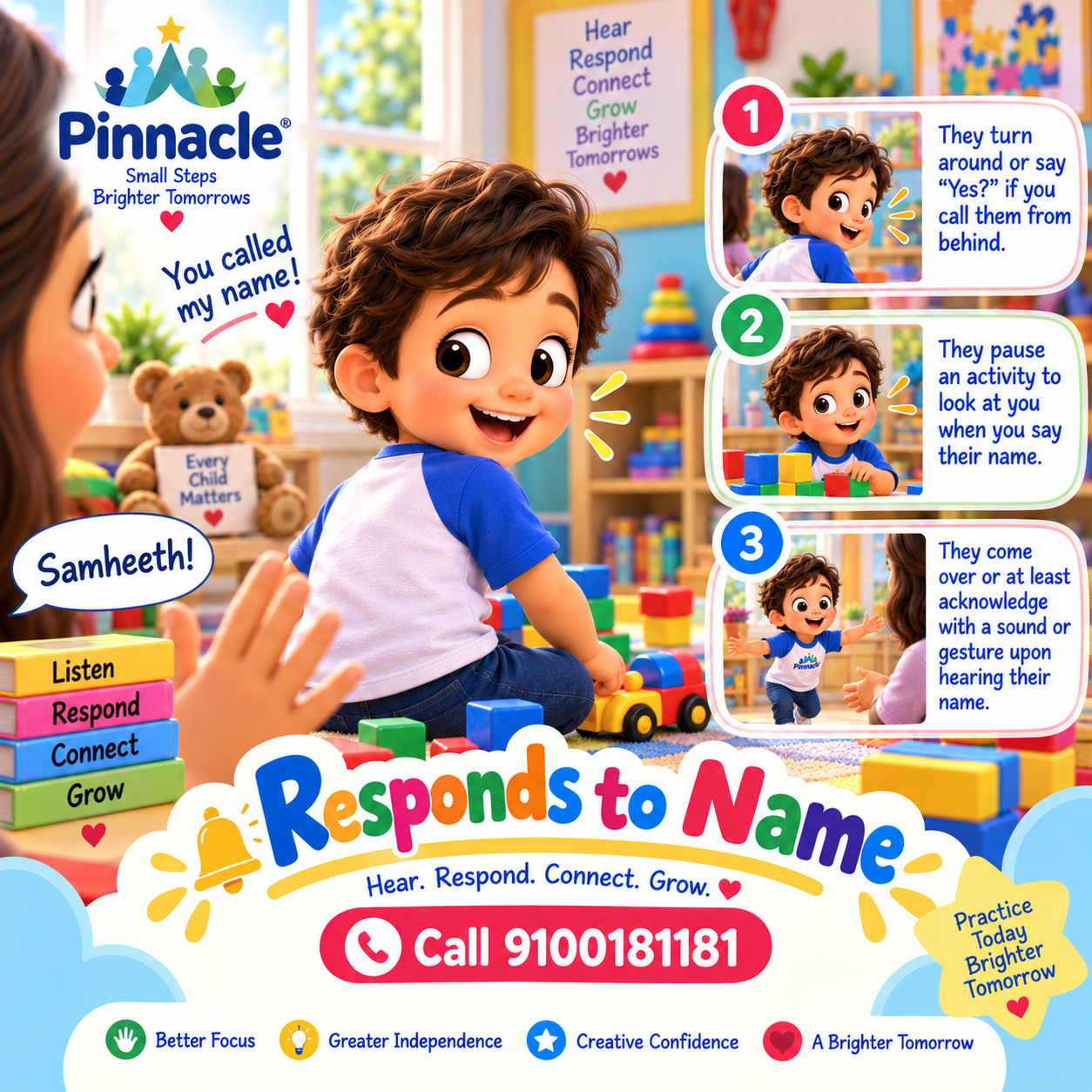 Question illustration accompanying: Does the child respond when their name is called?