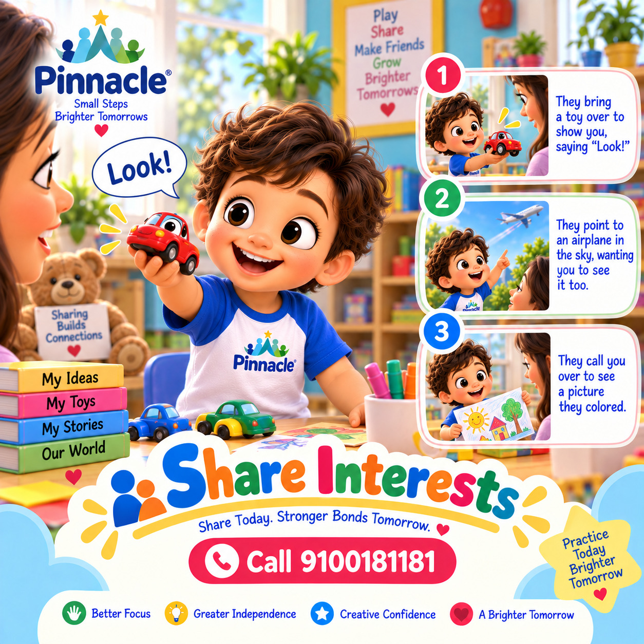 Question illustration accompanying: Does the child share interests or experiences with others?