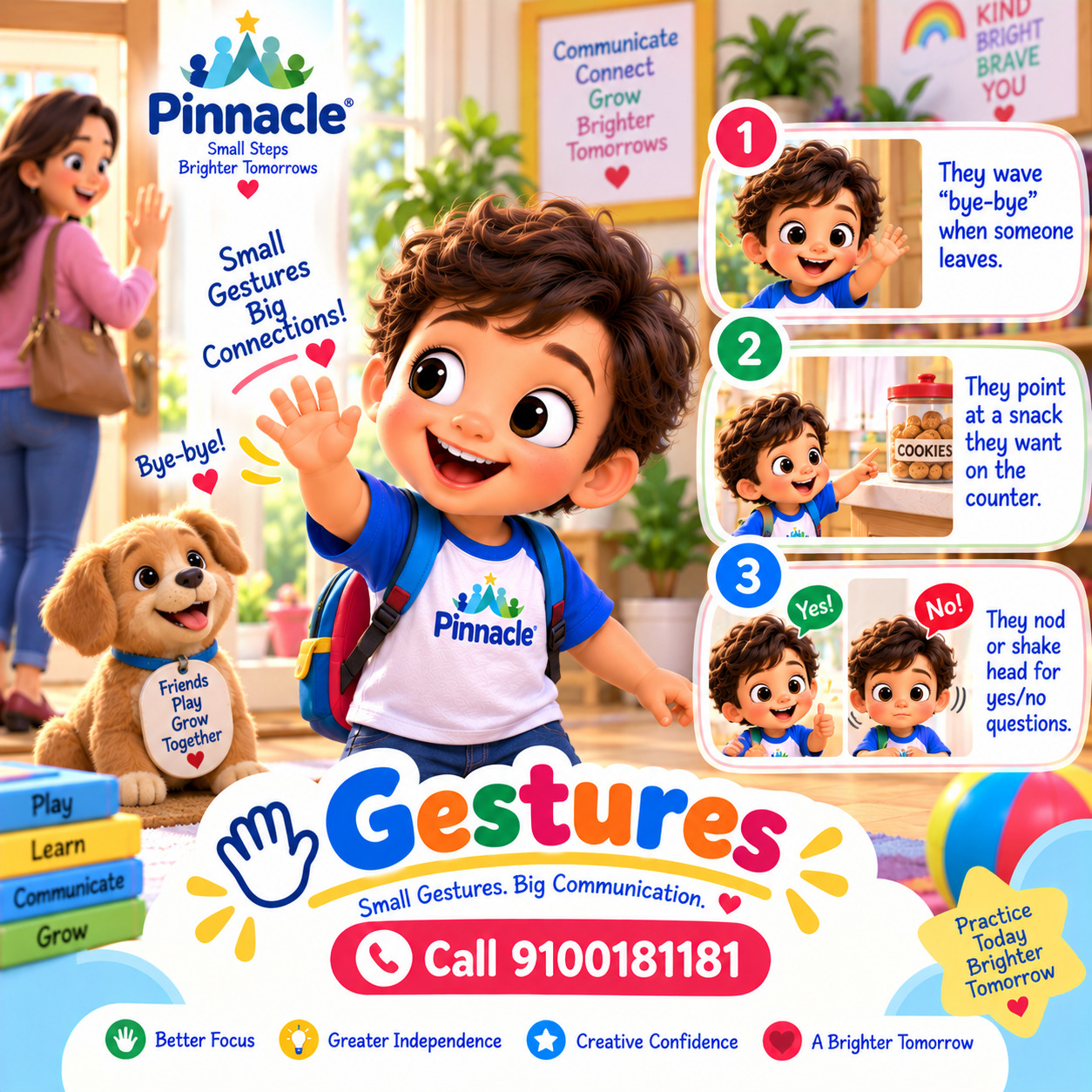 Question illustration accompanying: Does the child use gestures like pointing or waving?