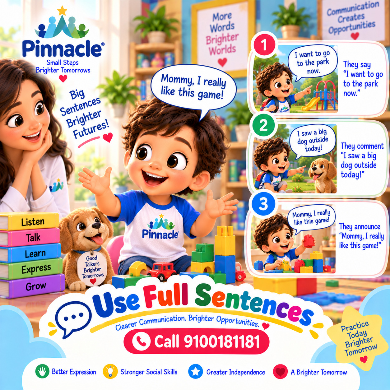 Question illustration accompanying: Can the child speak in full sentences of 5+ words?