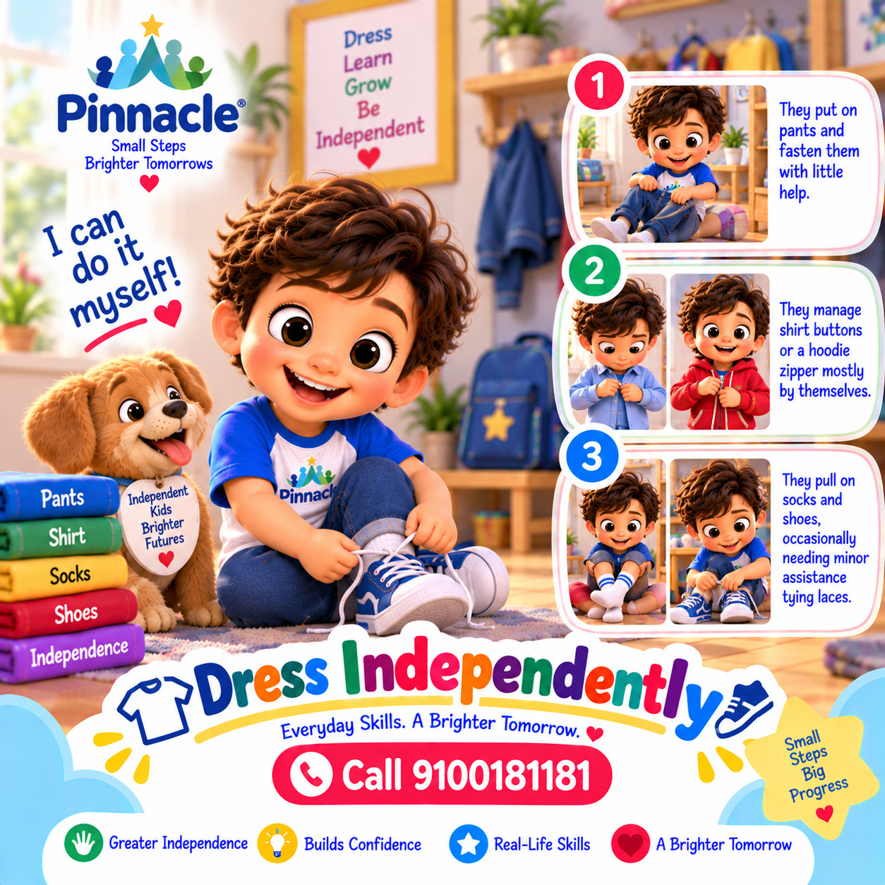 Question illustration accompanying: Can the child dress independently (including buttons/zippers)?