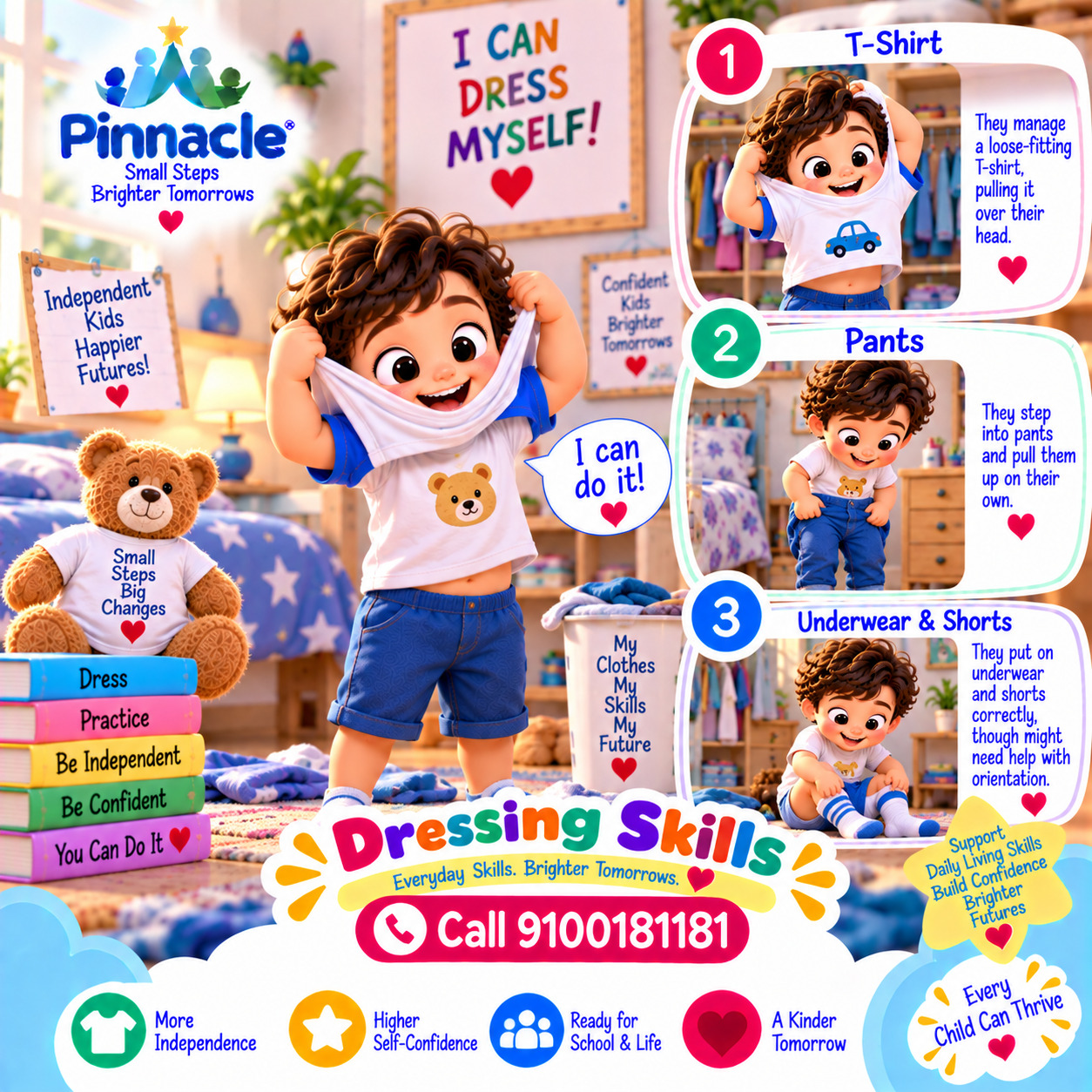 Question illustration accompanying: Dressing: Can the child put on simple clothing items (e.g., shirt, pants) independently?