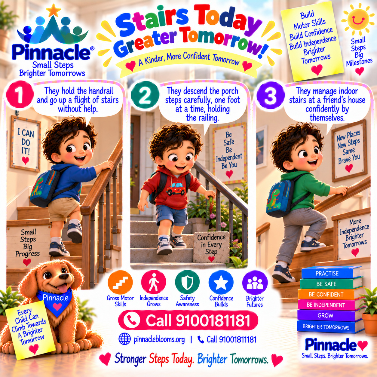 Question illustration accompanying: Stairs: Can the child climb up and down stairs independently while holding a railing?