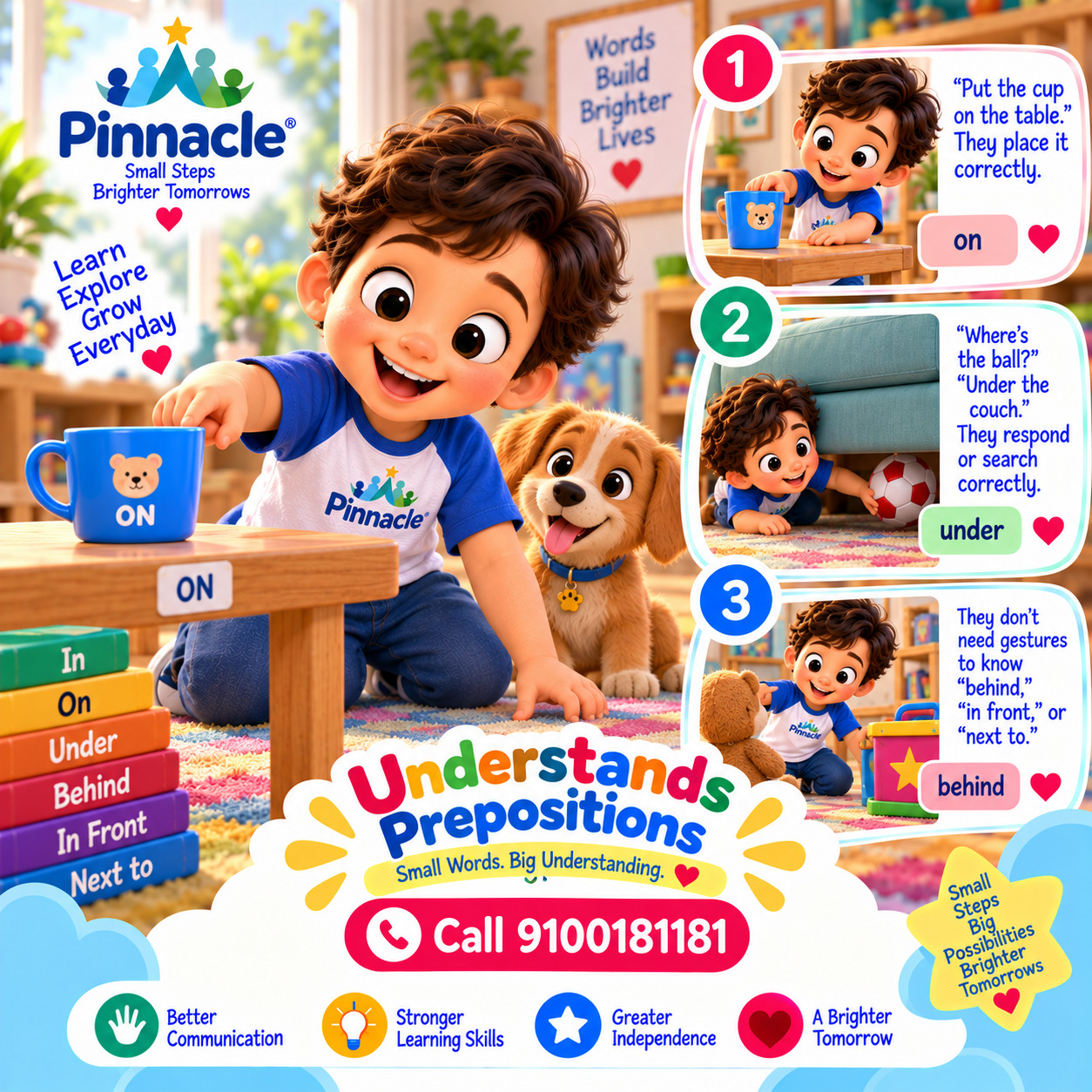 Question illustration accompanying: Does the child understand basic prepositions (e.g., 'on,' 'under')?