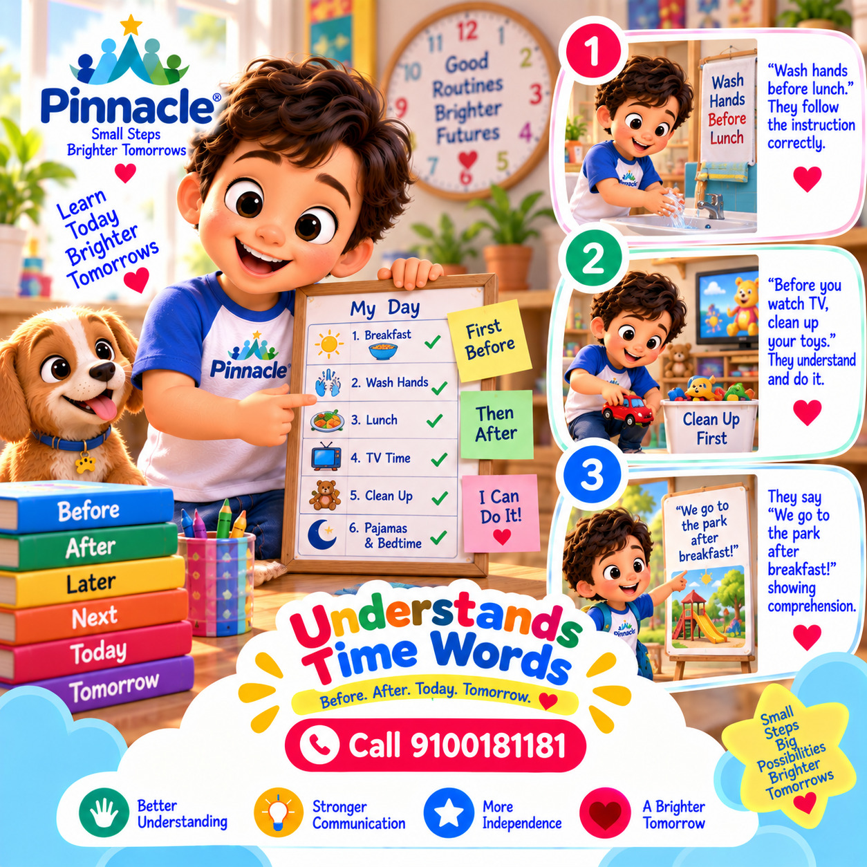 Question illustration accompanying: Can the child understand time-related words like 'before' or 'after'?