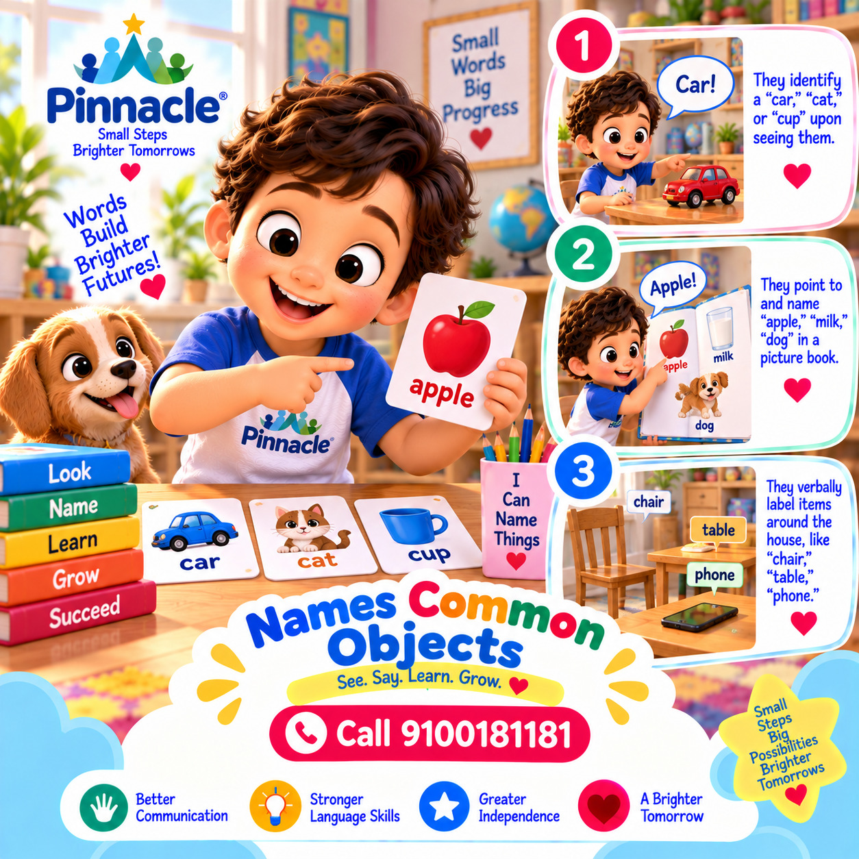 Question illustration accompanying: Can the child name common objects (e.g., ball, apple)?