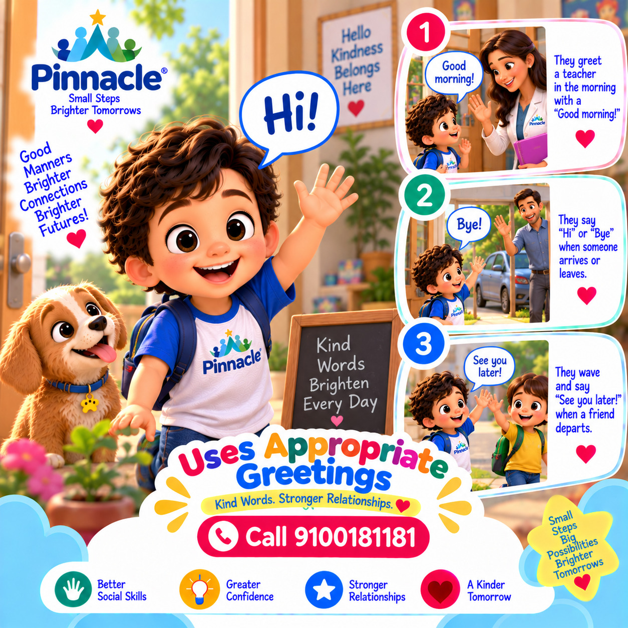 Question illustration accompanying: Can the child use appropriate greetings (e.g., 'hello,' 'goodbye')?