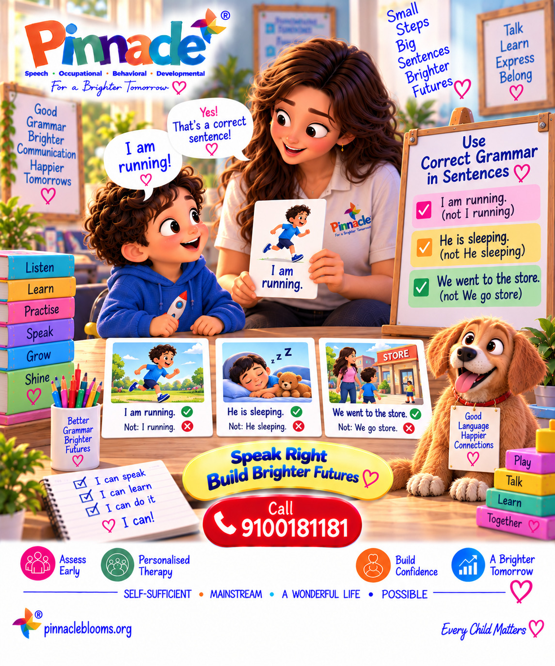 Question illustration accompanying: Does the child use correct grammar in sentences?